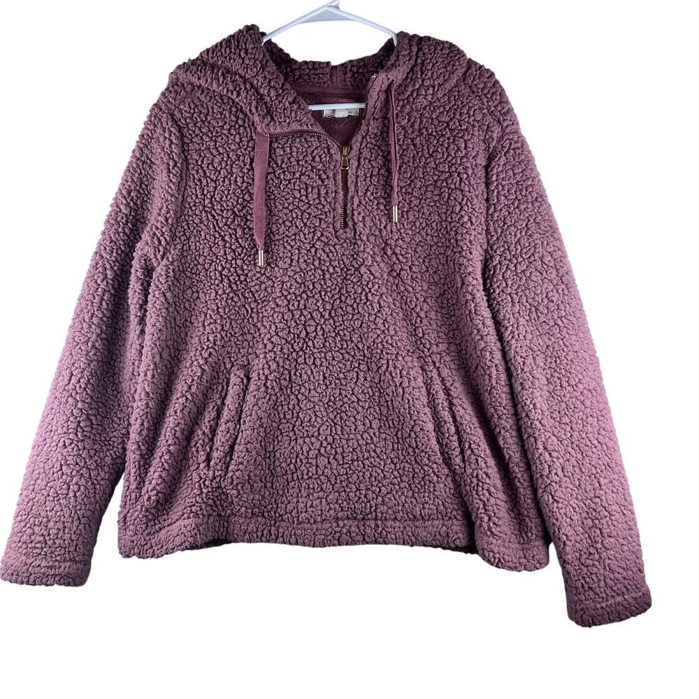 Cupio Womens XL Hooded Sweater Sherpa Purple Kangaroo Pocket Cozy Warm Soft